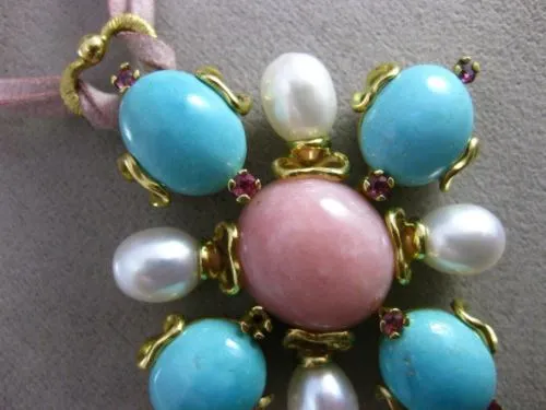 ANTIQUE EXTRA LARGE .24CT RUBY & MULTI GEM 18K YELLOW GOLD FLOWER HEART NECKLACE