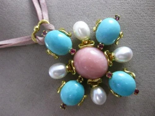 ANTIQUE EXTRA LARGE .24CT RUBY & MULTI GEM 18K YELLOW GOLD FLOWER HEART NECKLACE