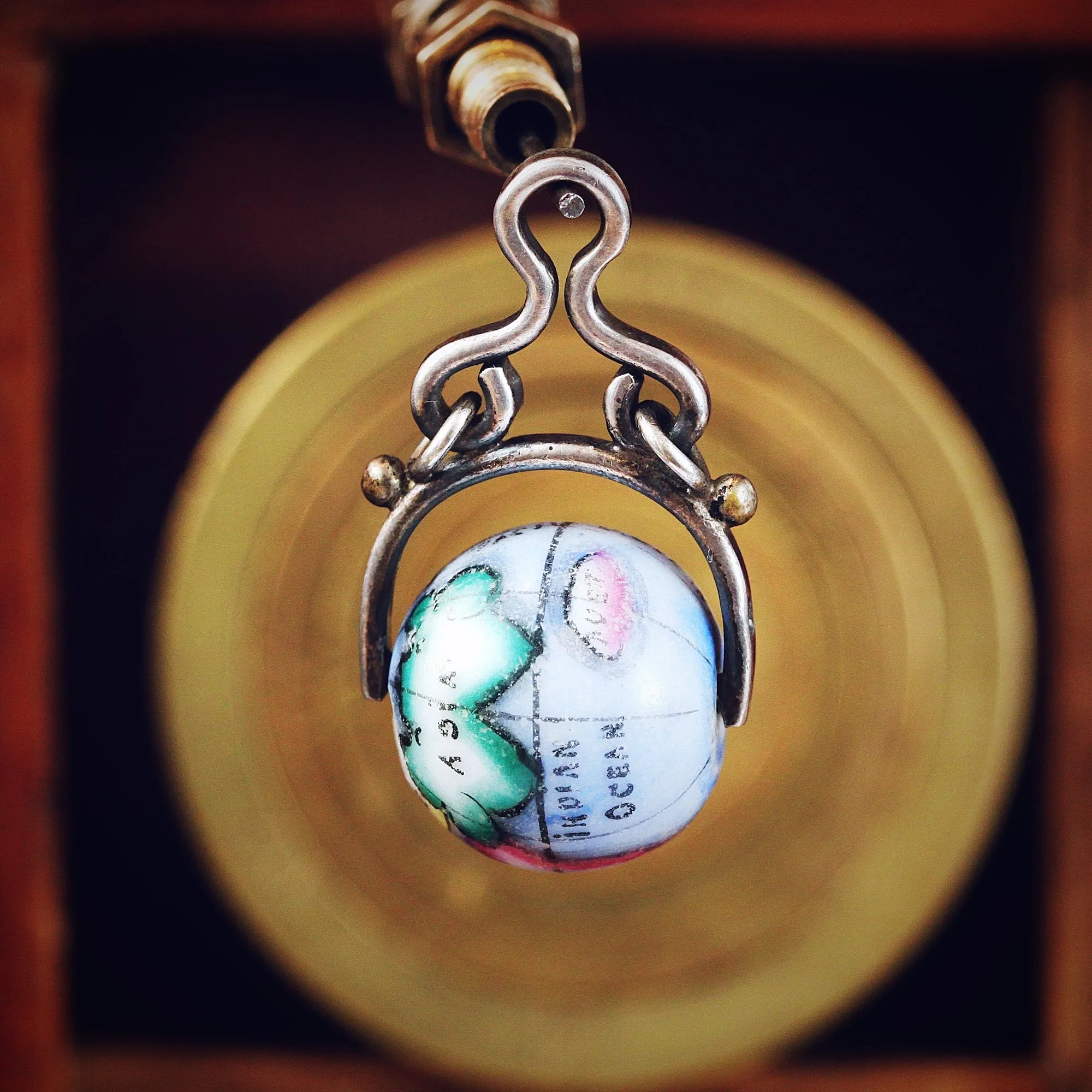 Antique Silver & Porcelain Globe Swivel Fob