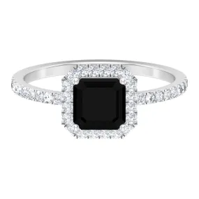 Asscher Cut Created Black Diamond and Diamond Halo Engagement Ring