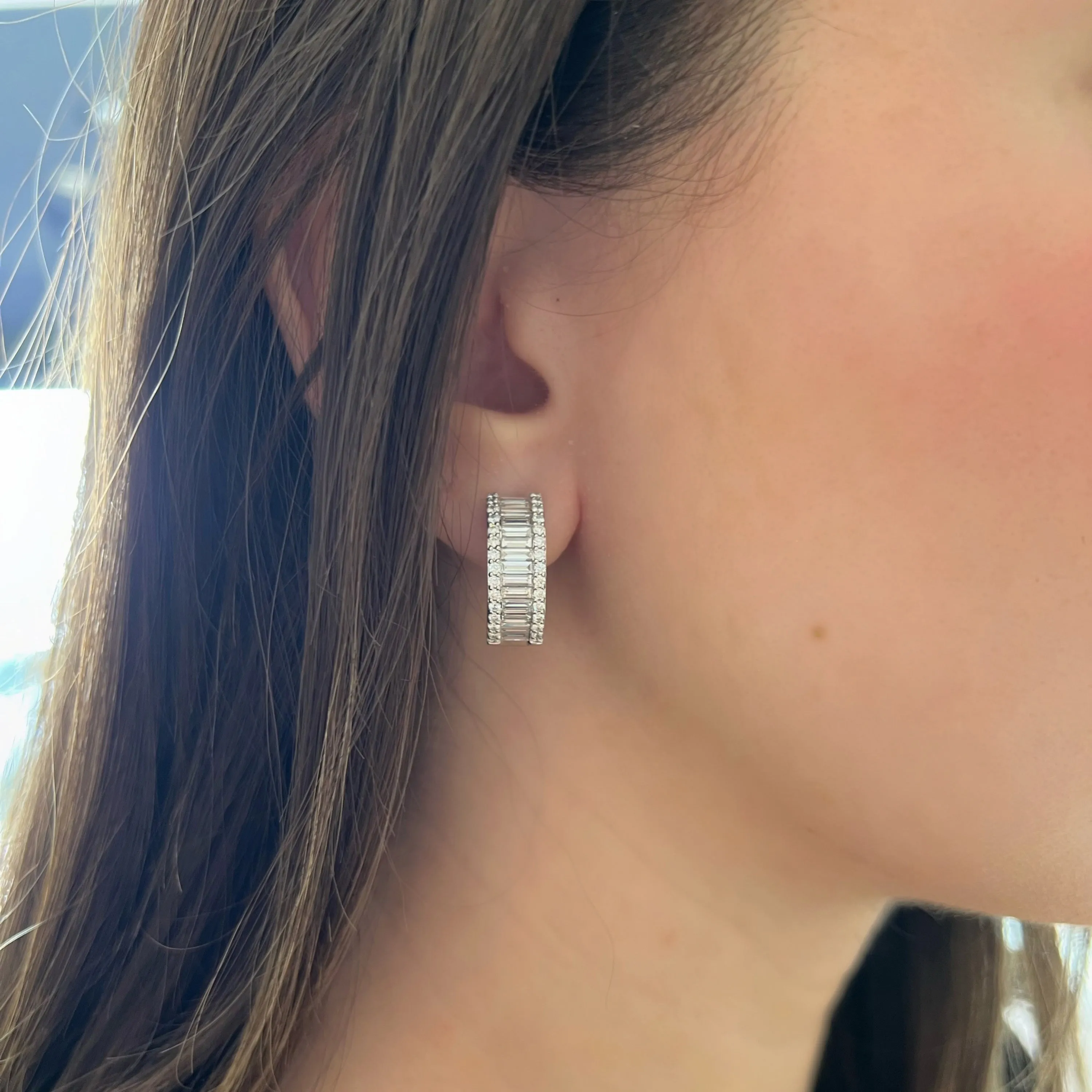 Baguette & Round Diamond Wide Huggie Earrings