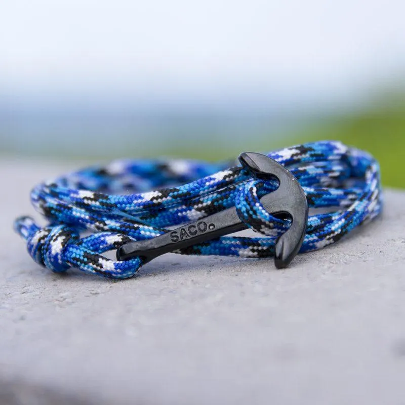 Black Anchor Wrap Bracelet | Blue, Black & White Nylon