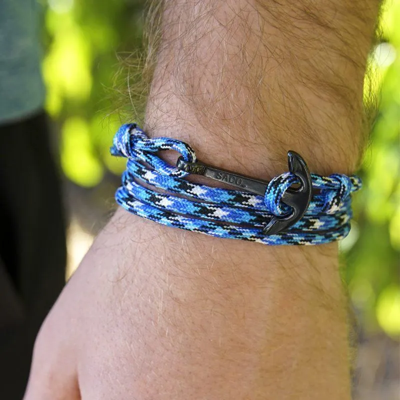 Black Anchor Wrap Bracelet | Blue, Black & White Nylon