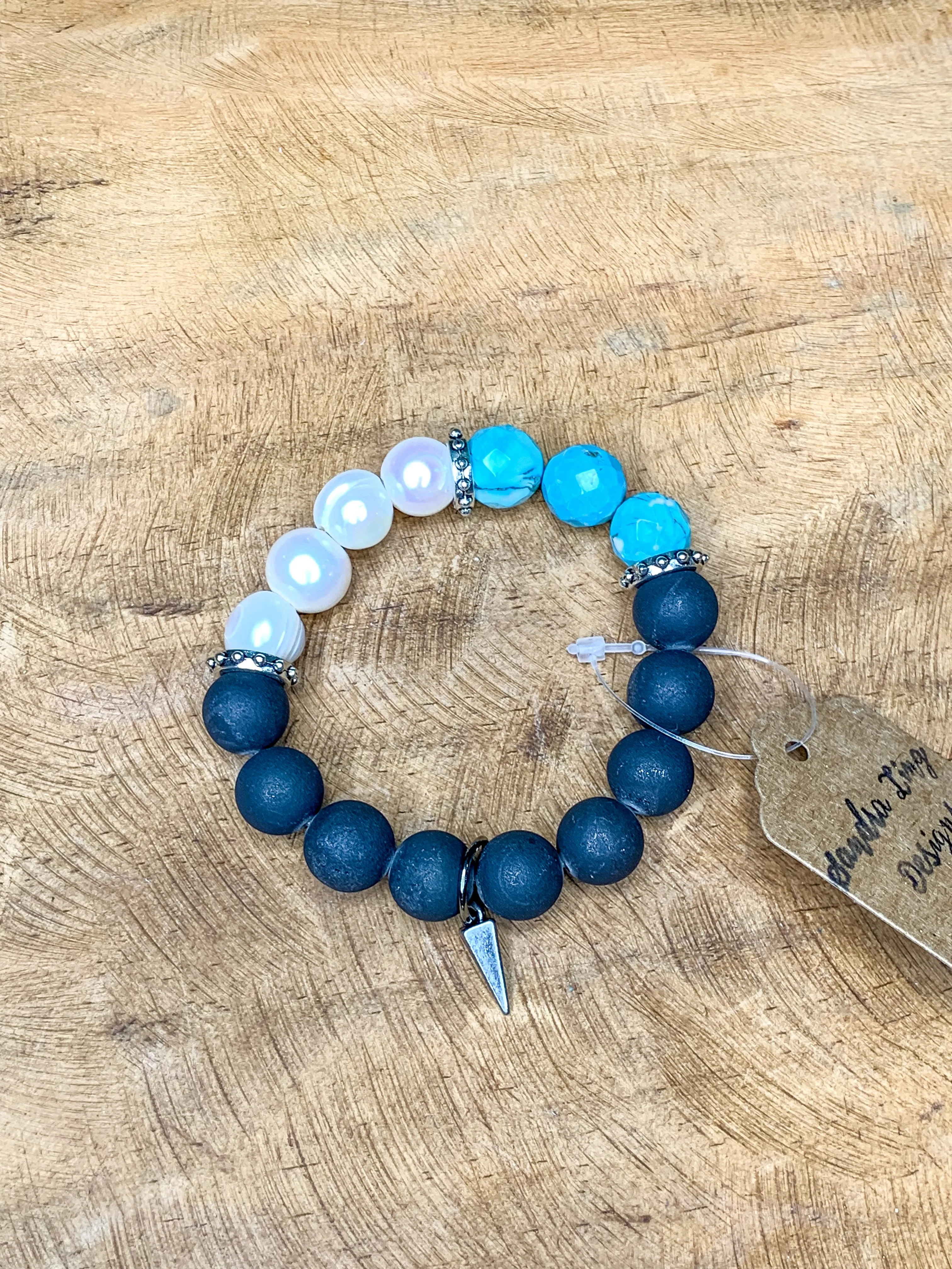 Black druzy freshwater pearl faceted turquoise stretch bracelet