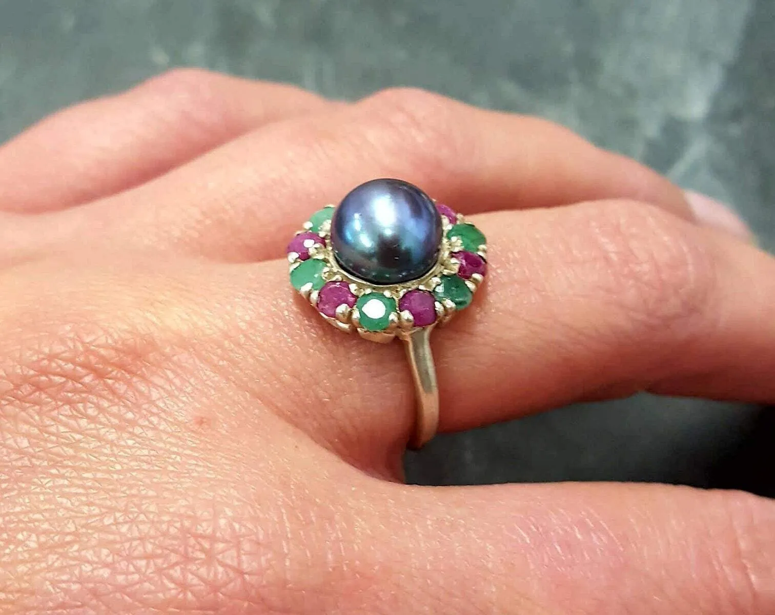 Black Pearl Ring - Pearl Flower Ring - Victorian Pearl Ring