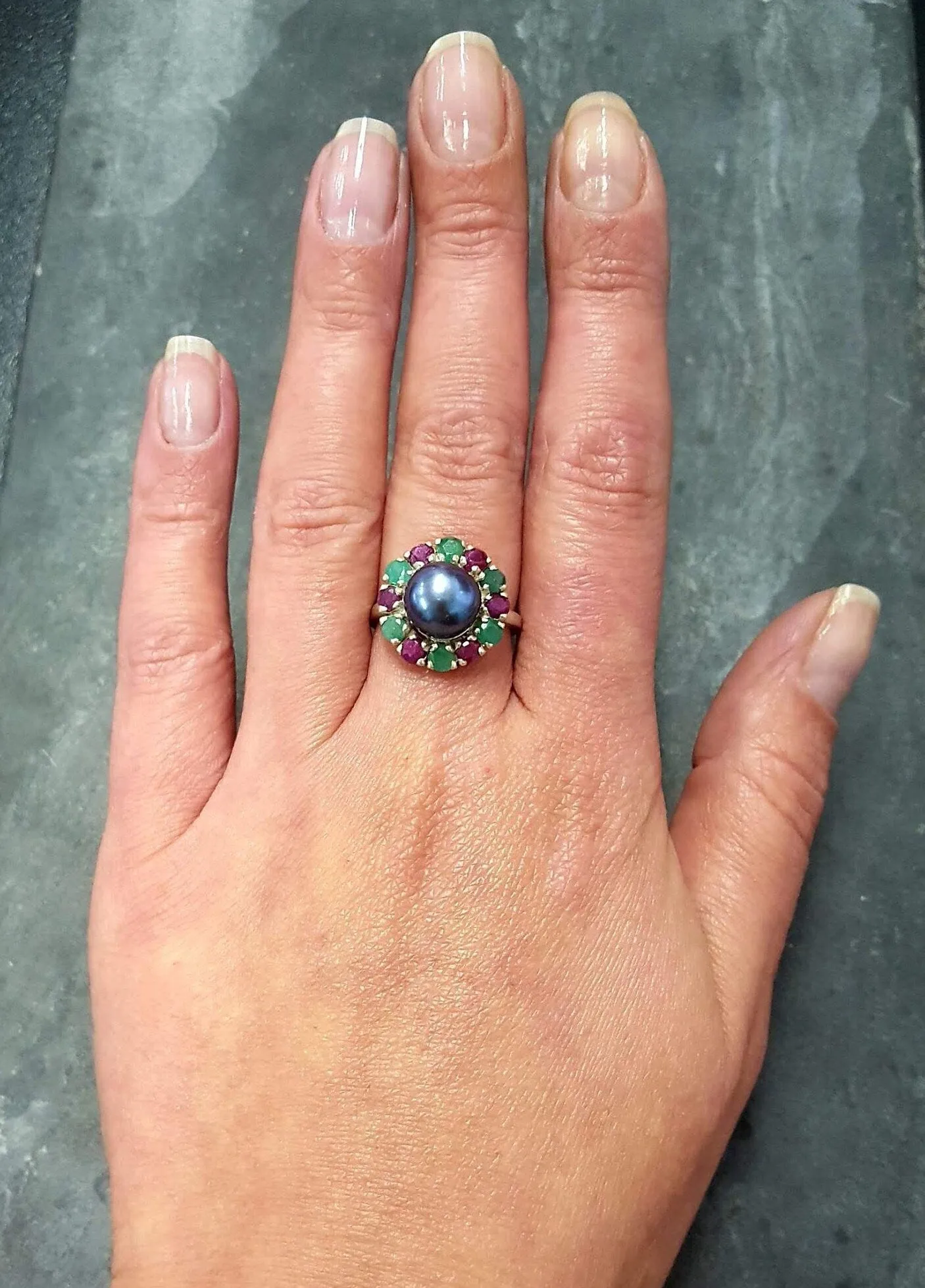 Black Pearl Ring - Pearl Flower Ring - Victorian Pearl Ring