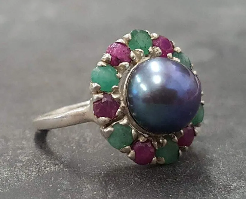 Black Pearl Ring - Pearl Flower Ring - Victorian Pearl Ring