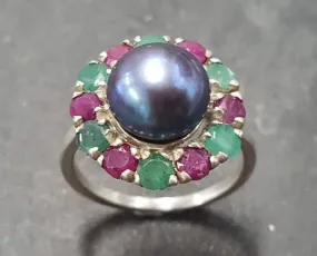 Black Pearl Ring - Pearl Flower Ring - Victorian Pearl Ring