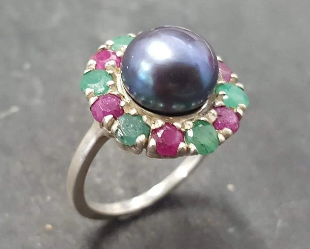 Black Pearl Ring - Pearl Flower Ring - Victorian Pearl Ring