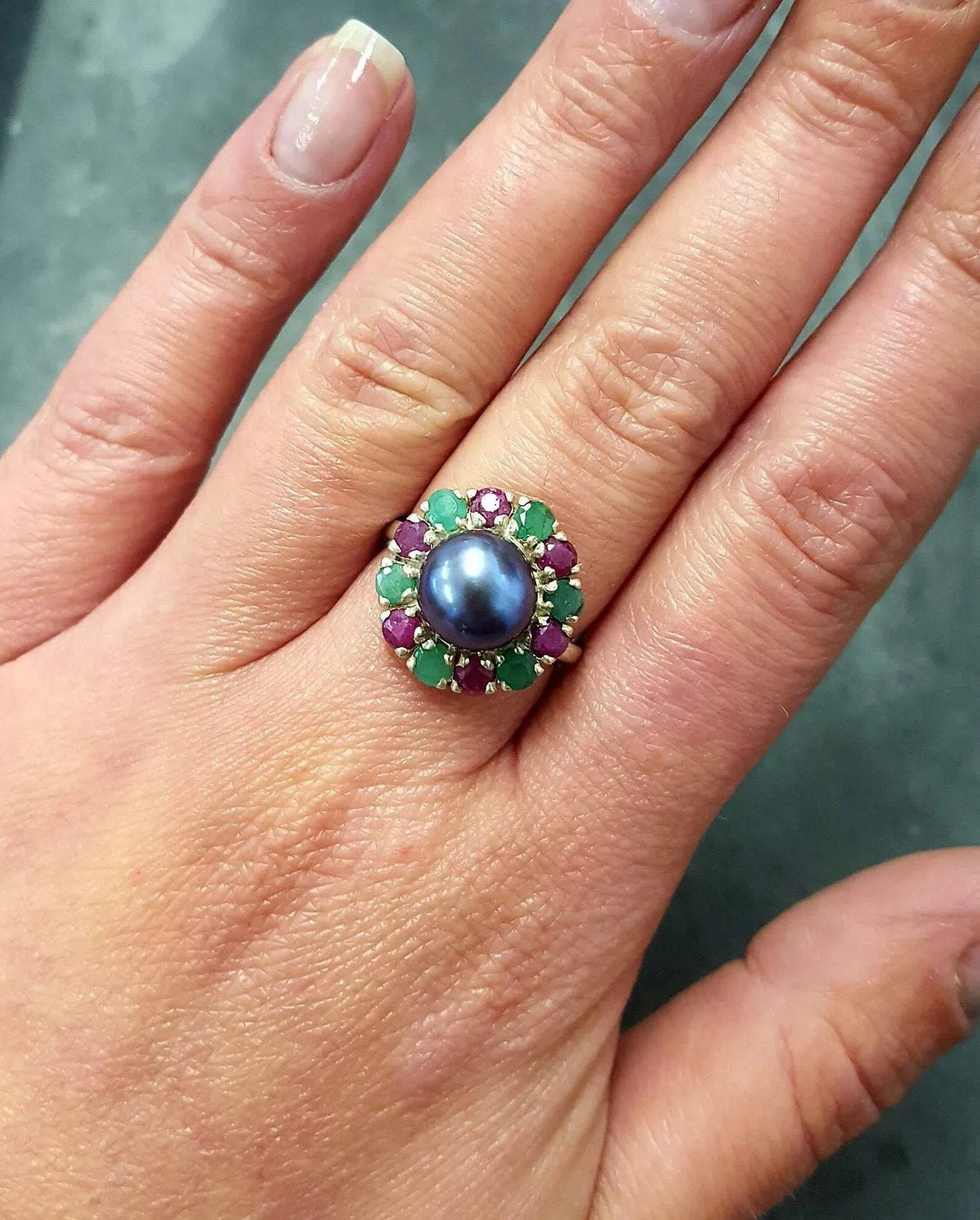 Black Pearl Ring - Pearl Flower Ring - Victorian Pearl Ring