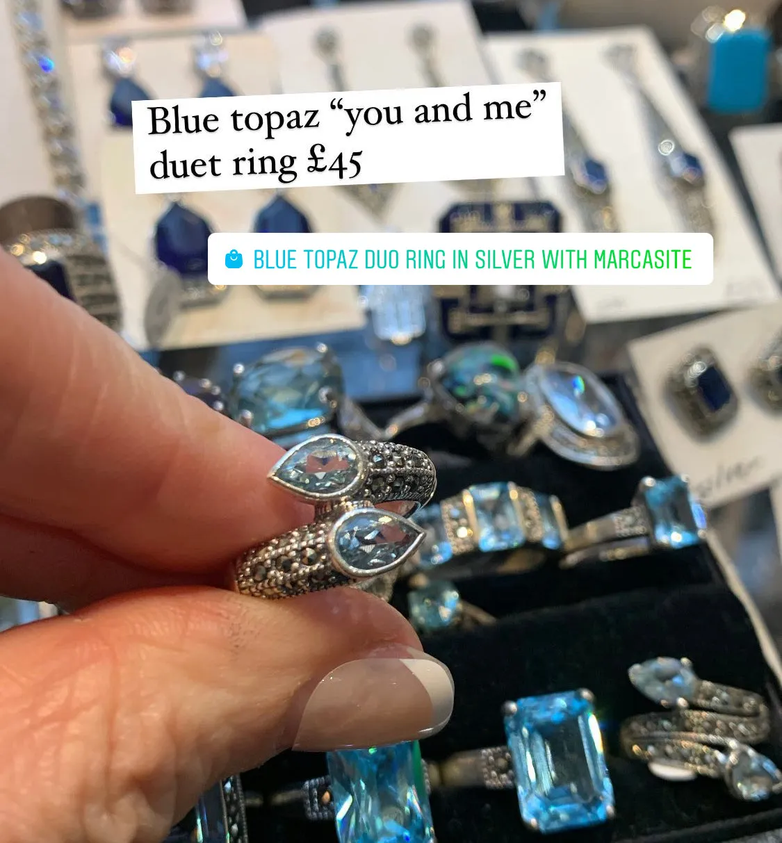 Blue topaz duo ring in silver with Marcasite