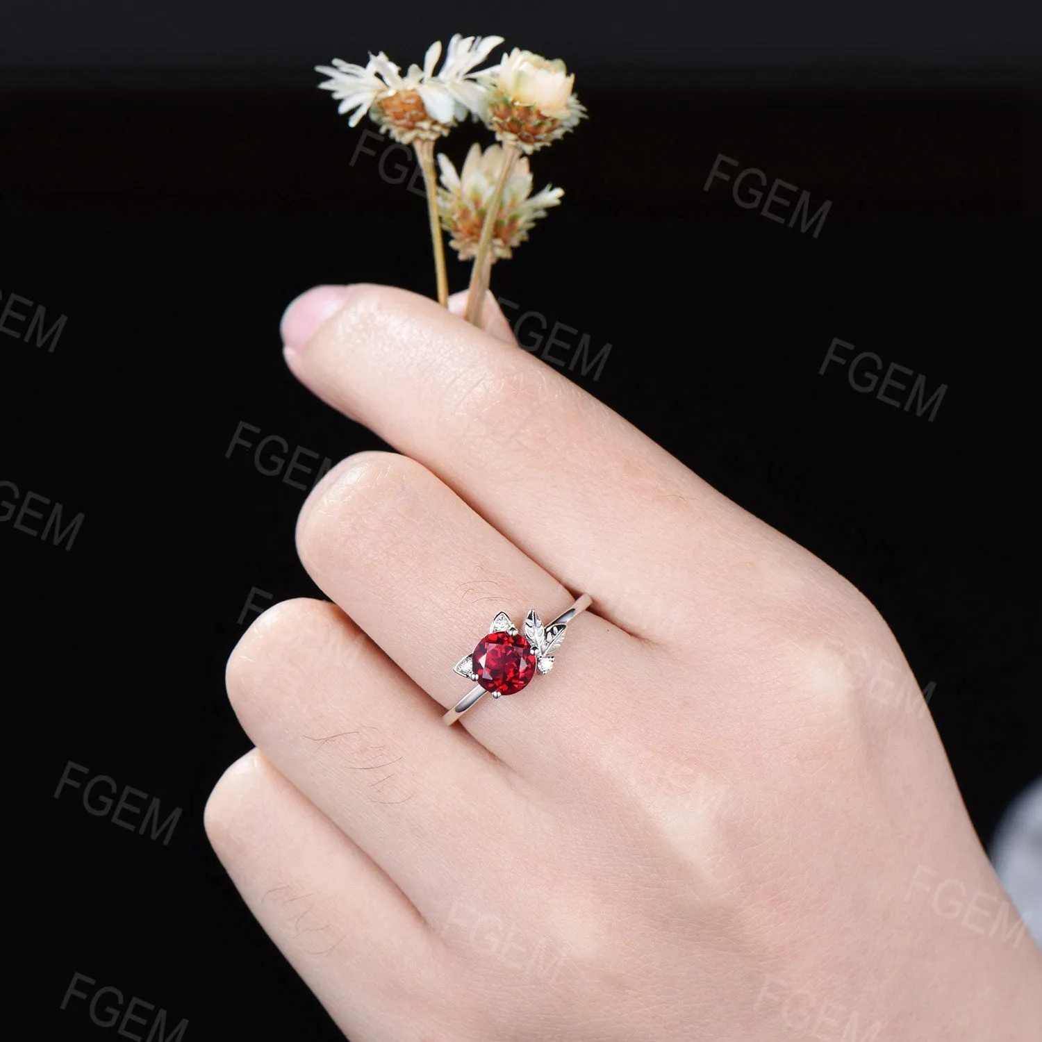 Cat Design Round Ruby Ring Unique Cat Ruby Moissanite Wedding Ring Nature Inspired Leaves Ring July Birthstone Jewelry Gift For Daughter
