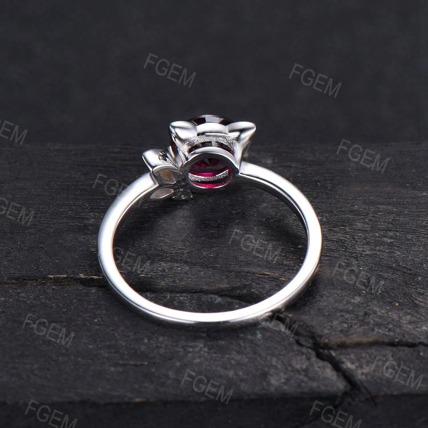 Cat Design Round Ruby Ring Unique Cat Ruby Moissanite Wedding Ring Nature Inspired Leaves Ring July Birthstone Jewelry Gift For Daughter