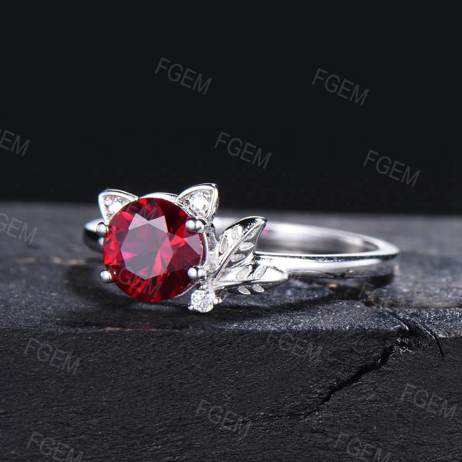 Cat Design Round Ruby Ring Unique Cat Ruby Moissanite Wedding Ring Nature Inspired Leaves Ring July Birthstone Jewelry Gift For Daughter