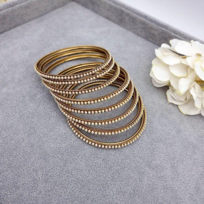Cemal 8 pcs Antique Gold Pearl Bangle Set