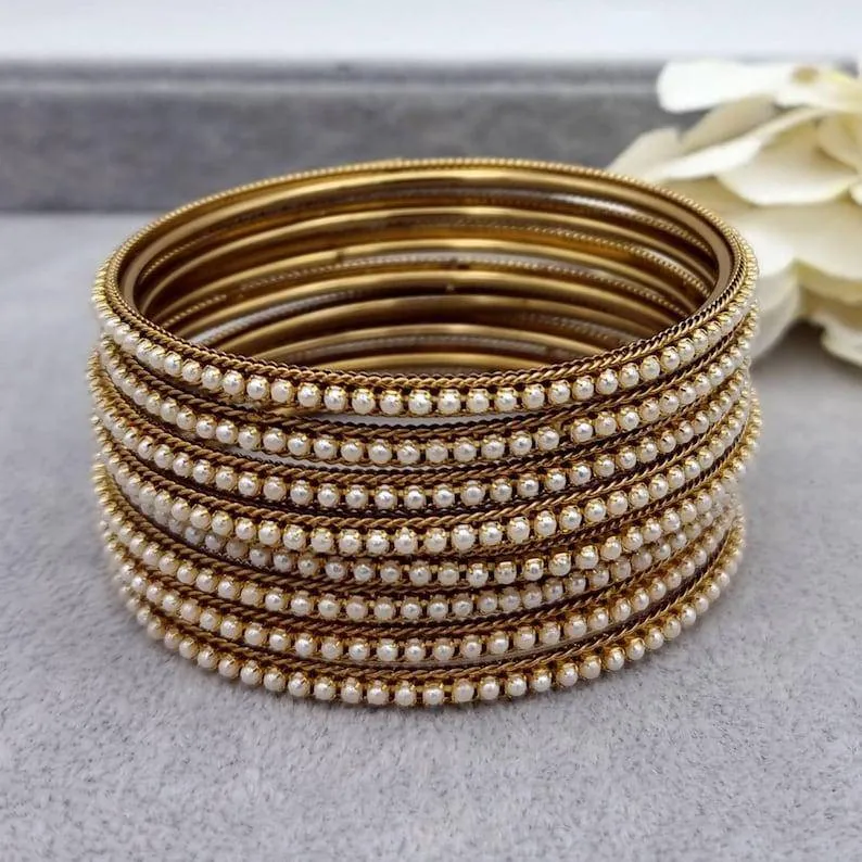 Cemal 8 pcs Antique Gold Pearl Bangle Set