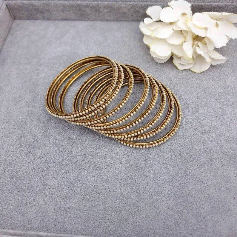 Cemal 8 pcs Antique Gold Pearl Bangle Set