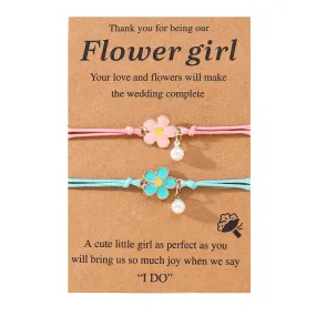 Children's 'Two Adjustable Flower Girl  Wish Bracelets/ Friendship Bracelets' with Presentation Card - Pink and Turquoise Blue
