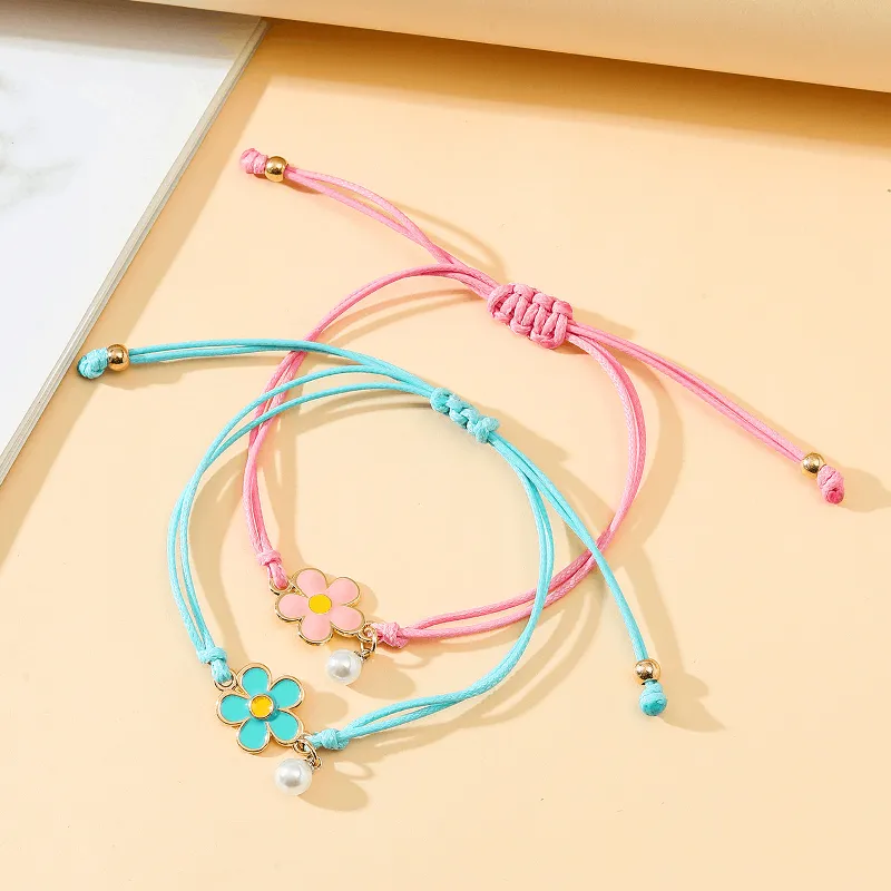 Children's 'Two Adjustable Flower Girl  Wish Bracelets/ Friendship Bracelets' with Presentation Card - Pink and Turquoise Blue