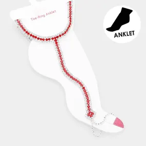 Crystal Rhinestone Net Toe Ring Evening Anklet - Red