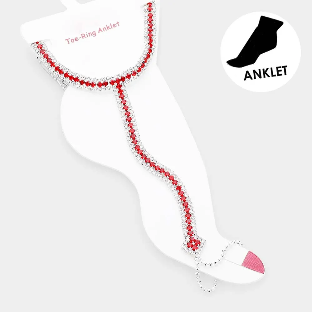 Crystal Rhinestone Net Toe Ring Evening Anklet - Red