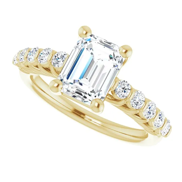 Cubic Zirconia Engagement Ring- The Alaia (Customizable Emerald Cut Style with Round Bar-set Accents)