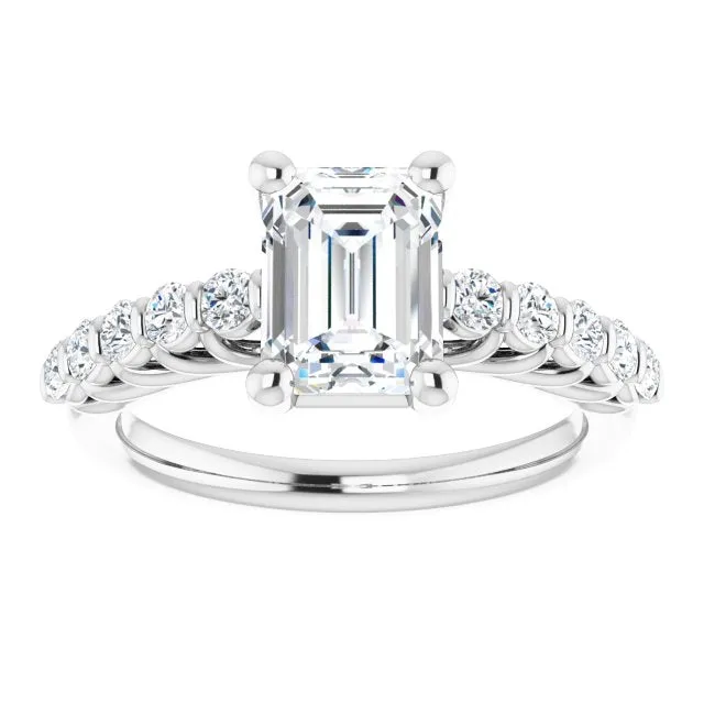 Cubic Zirconia Engagement Ring- The Alaia (Customizable Emerald Cut Style with Round Bar-set Accents)