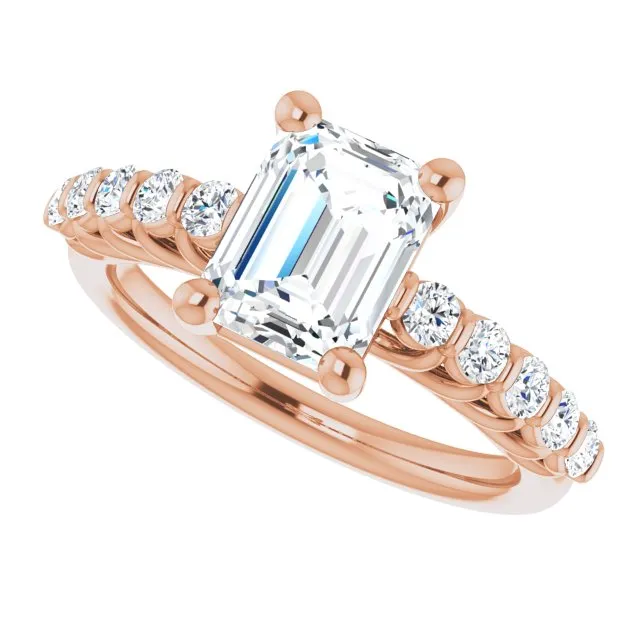 Cubic Zirconia Engagement Ring- The Alaia (Customizable Emerald Cut Style with Round Bar-set Accents)