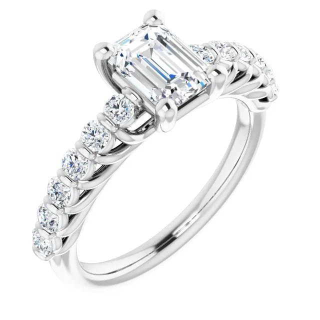 Cubic Zirconia Engagement Ring- The Alaia (Customizable Emerald Cut Style with Round Bar-set Accents)