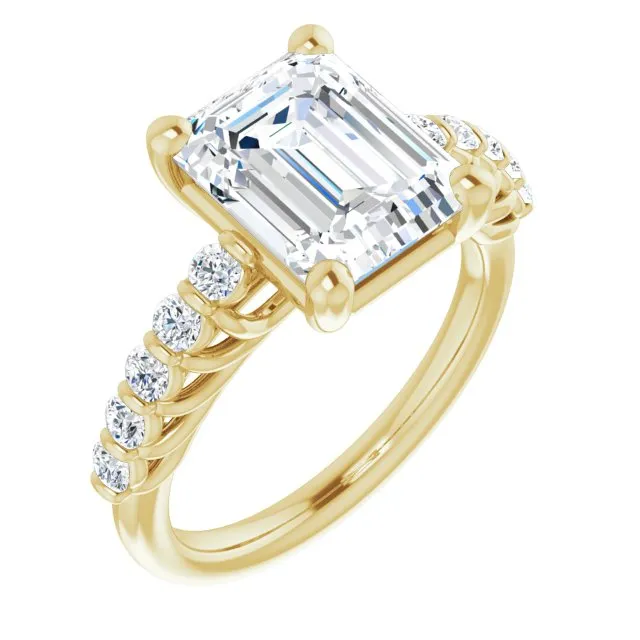 Cubic Zirconia Engagement Ring- The Alaia (Customizable Emerald Cut Style with Round Bar-set Accents)