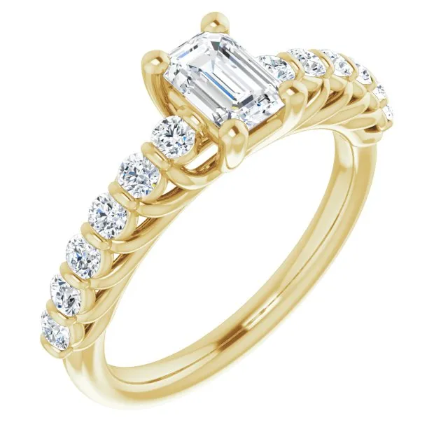 Cubic Zirconia Engagement Ring- The Alaia (Customizable Emerald Cut Style with Round Bar-set Accents)