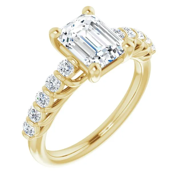 Cubic Zirconia Engagement Ring- The Alaia (Customizable Emerald Cut Style with Round Bar-set Accents)