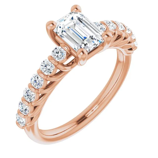 Cubic Zirconia Engagement Ring- The Alaia (Customizable Emerald Cut Style with Round Bar-set Accents)