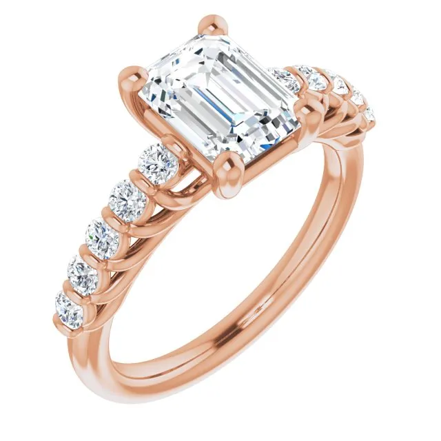 Cubic Zirconia Engagement Ring- The Alaia (Customizable Emerald Cut Style with Round Bar-set Accents)