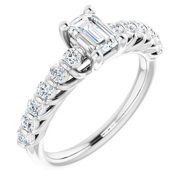 Cubic Zirconia Engagement Ring- The Alaia (Customizable Emerald Cut Style with Round Bar-set Accents)