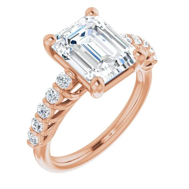 Cubic Zirconia Engagement Ring- The Alaia (Customizable Emerald Cut Style with Round Bar-set Accents)