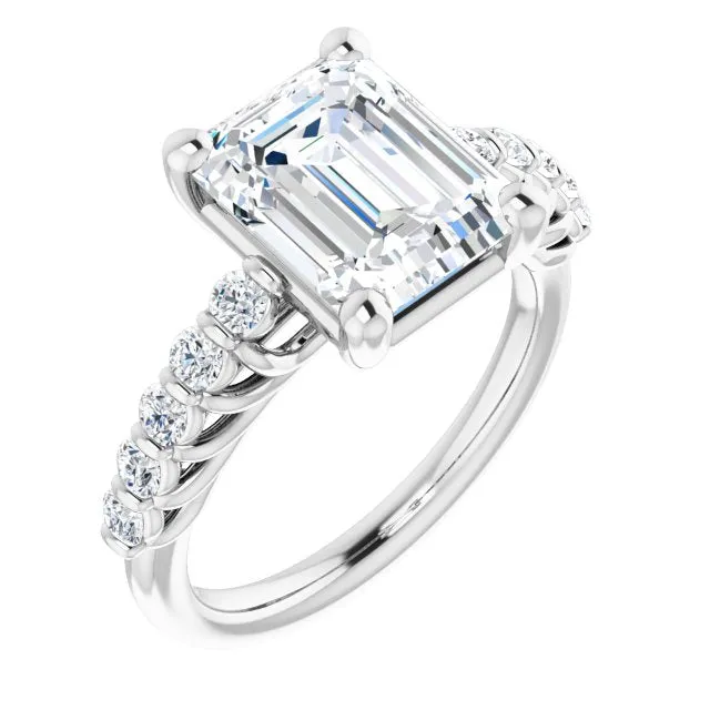 Cubic Zirconia Engagement Ring- The Alaia (Customizable Emerald Cut Style with Round Bar-set Accents)