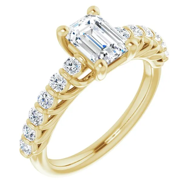 Cubic Zirconia Engagement Ring- The Alaia (Customizable Emerald Cut Style with Round Bar-set Accents)