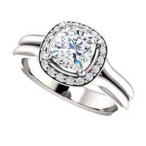 Cubic Zirconia Engagement Ring- The Bebi (Customizable Cathedral-Halo Cushion Cut Design with Wide Split Band)