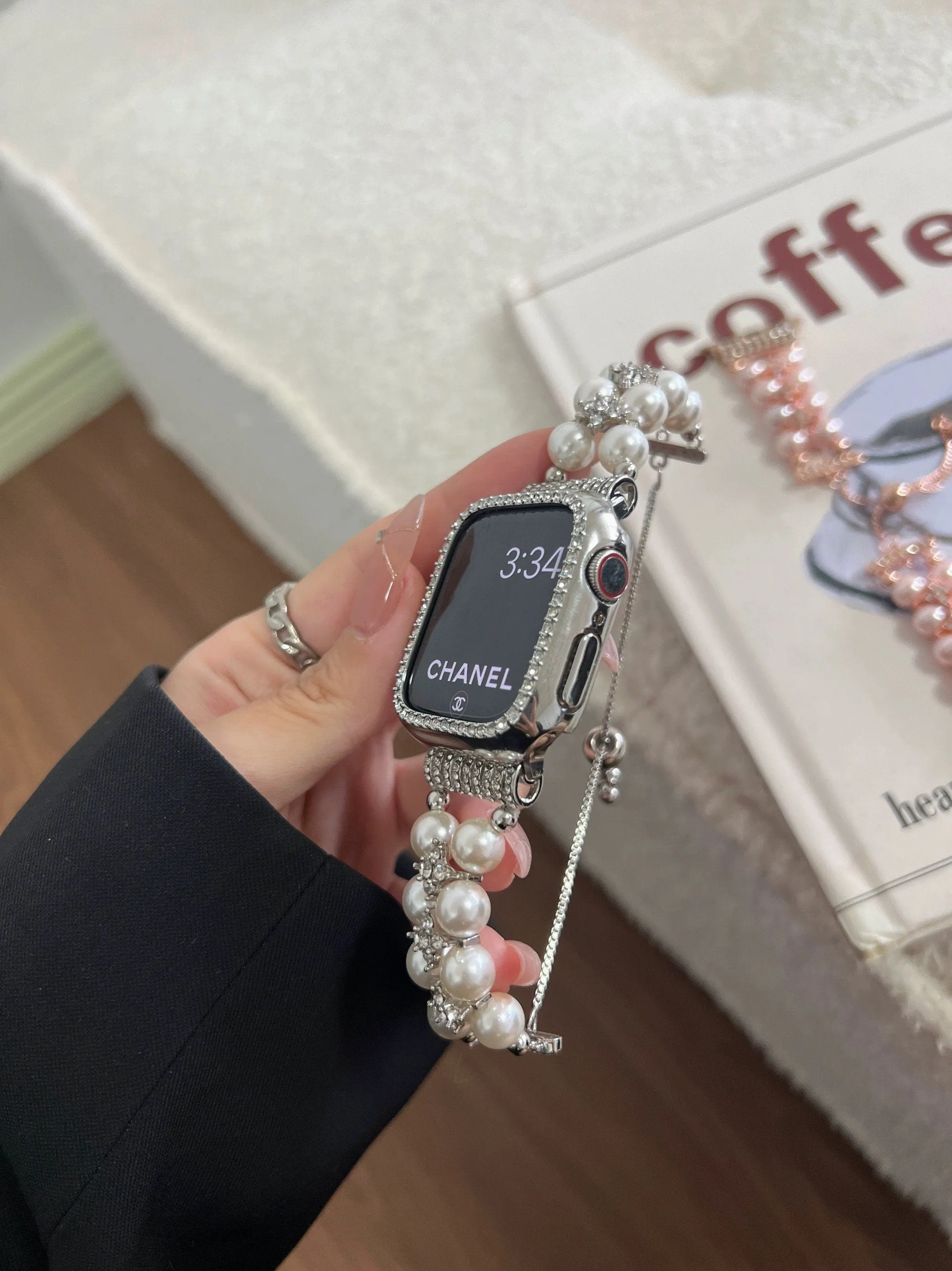 Diamond Studded Chain Pearl Strap iWatch Band Series 12 3 4 5 6 7 8 9 Ultra Generation 38mm 40mm 41mm 42mm 44mm 45mm 49mm   Apple Watch Case