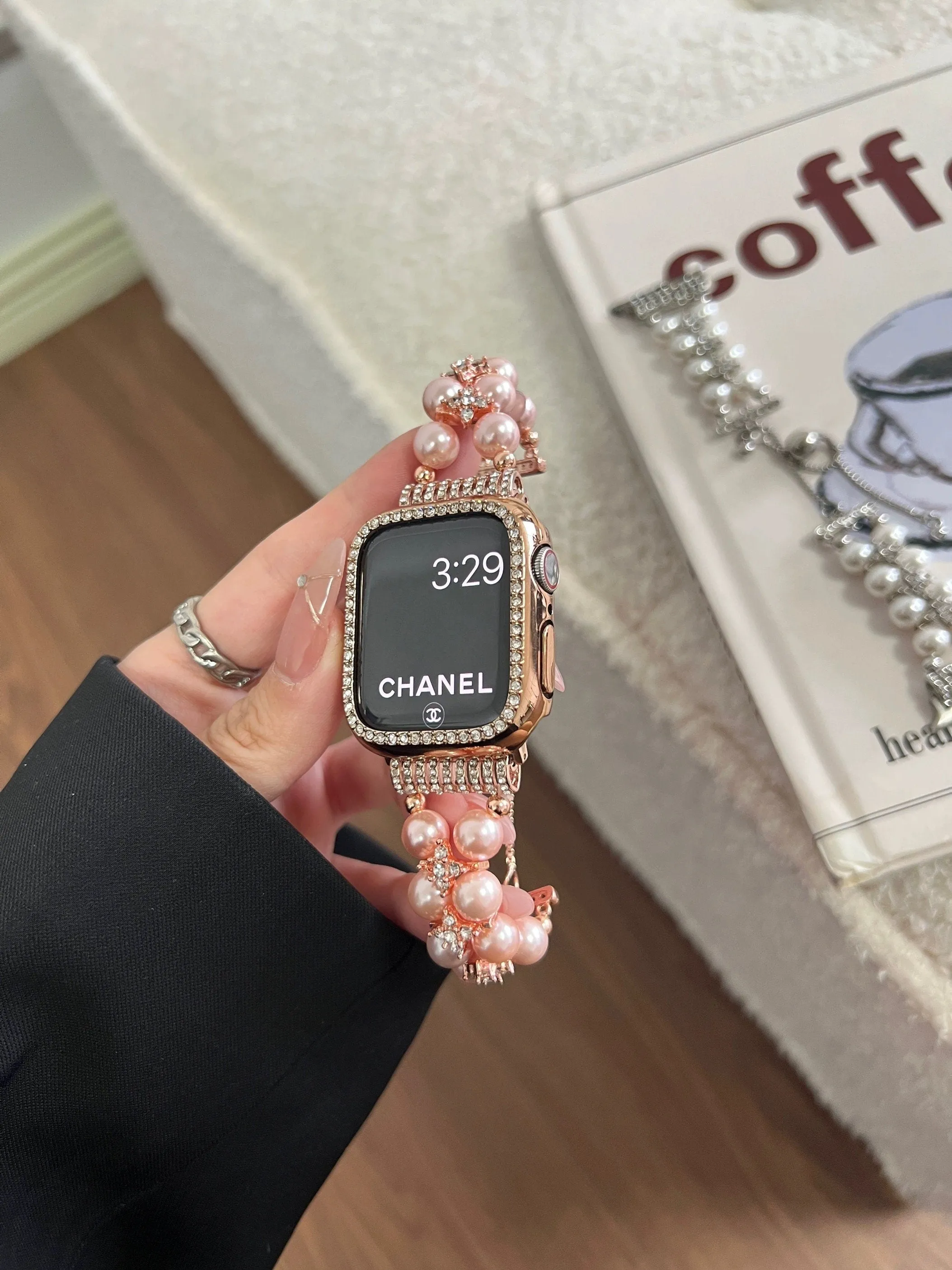 Diamond Studded Chain Pearl Strap iWatch Band Series 12 3 4 5 6 7 8 9 Ultra Generation 38mm 40mm 41mm 42mm 44mm 45mm 49mm   Apple Watch Case