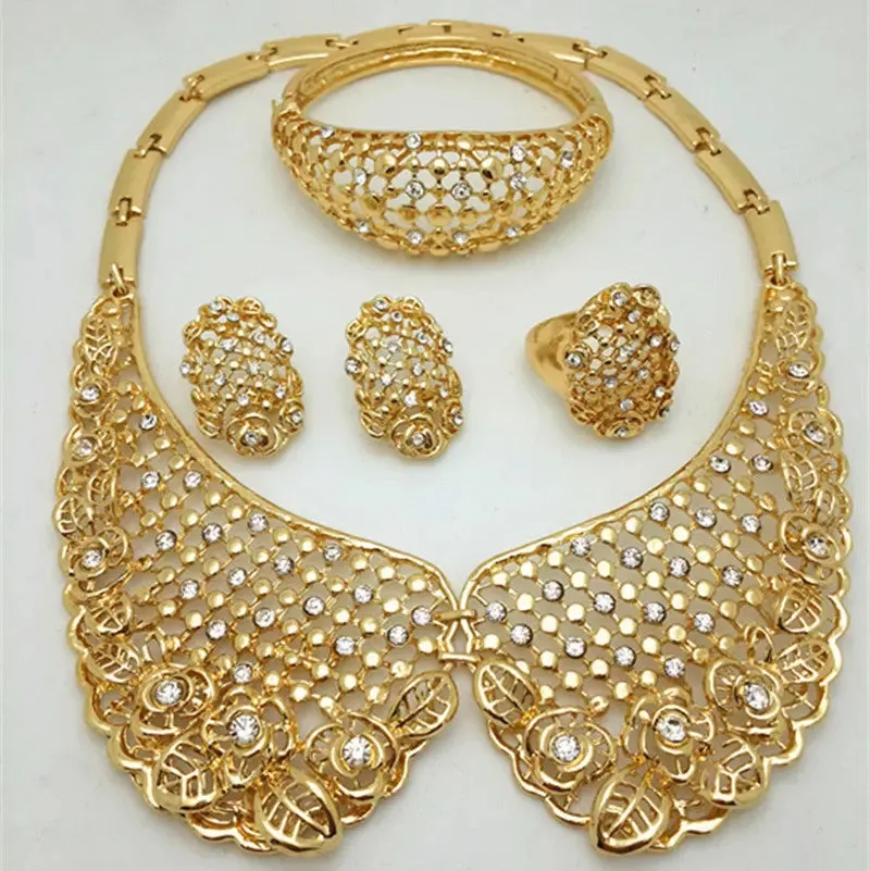 Elegant 18k Collar Gold Plated Necklace Earring Bangle Jewelry Party Set