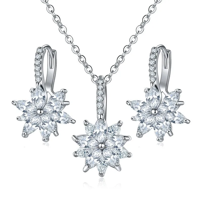 Flowers Bridal Jewelry Sets Necklace Earrings Silver Color Women Dangles Earrings