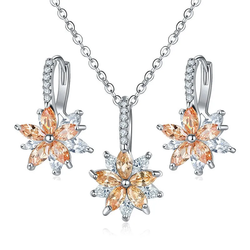 Flowers Bridal Jewelry Sets Necklace Earrings Silver Color Women Dangles Earrings