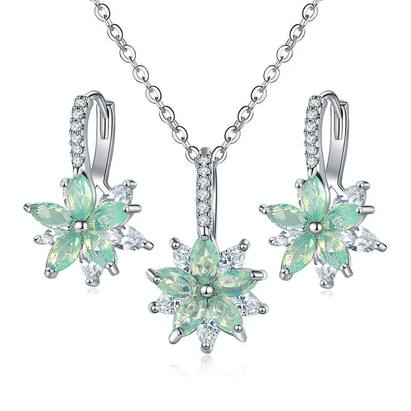 Flowers Bridal Jewelry Sets Necklace Earrings Silver Color Women Dangles Earrings