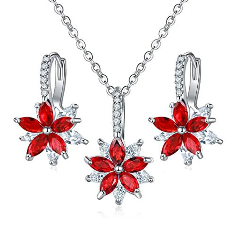 Flowers Bridal Jewelry Sets Necklace Earrings Silver Color Women Dangles Earrings