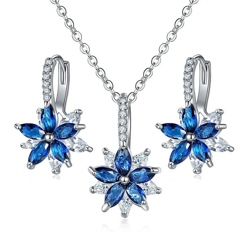 Flowers Bridal Jewelry Sets Necklace Earrings Silver Color Women Dangles Earrings