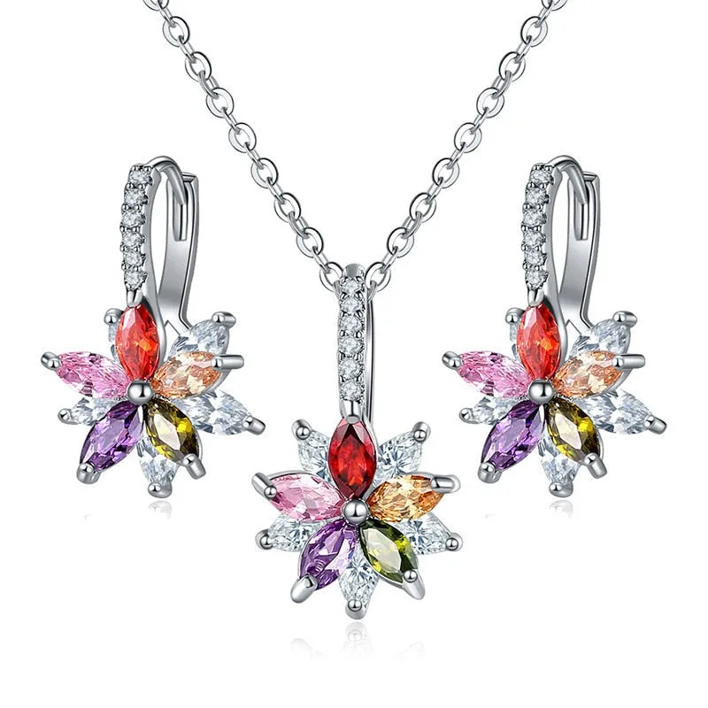 Flowers Bridal Jewelry Sets Necklace Earrings Silver Color Women Dangles Earrings