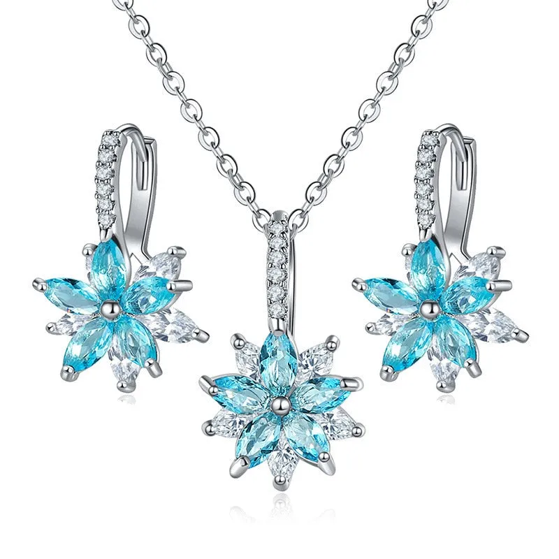 Flowers Bridal Jewelry Sets Necklace Earrings Silver Color Women Dangles Earrings