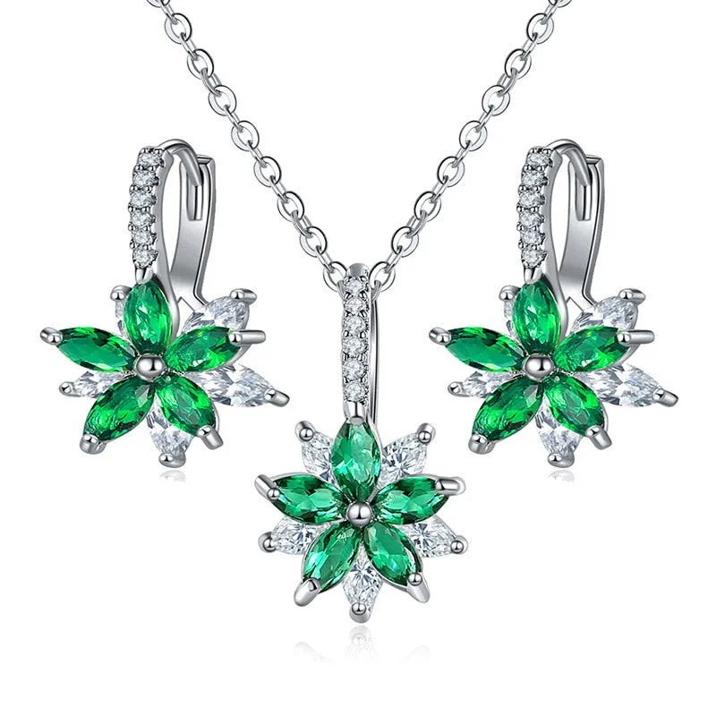 Flowers Bridal Jewelry Sets Necklace Earrings Silver Color Women Dangles Earrings